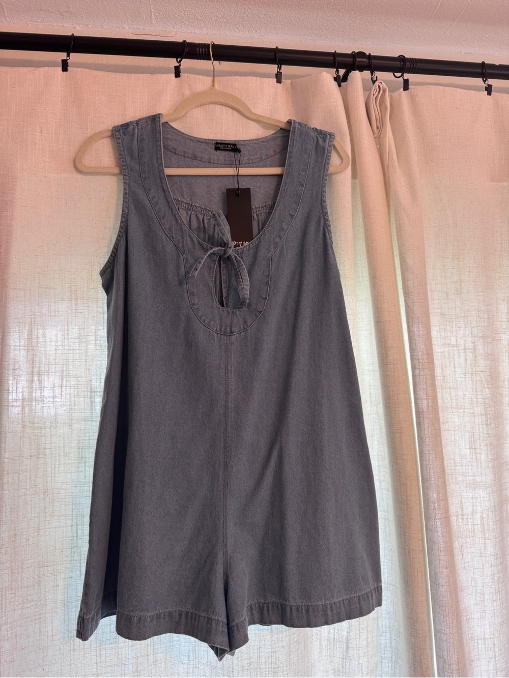 Nasty Gal Light Blue Sleeveless Denim Romper with Front Tie